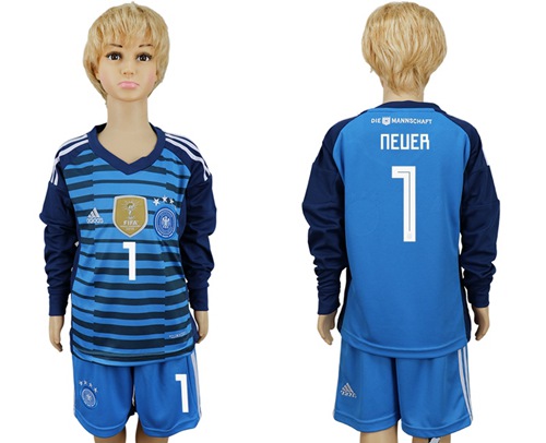 Germany #1 Neuer Blue Long Sleeves Kid Soccer Country Jersey
